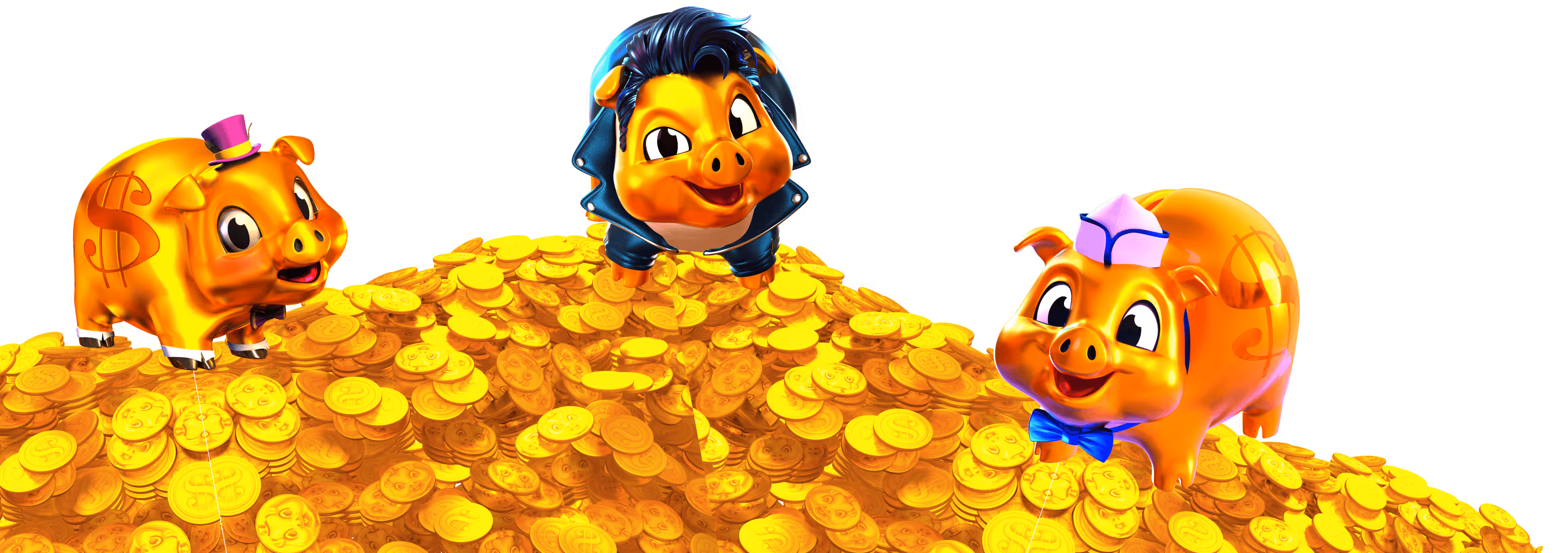Three cartoon piggy banks sitting on a large pile of golden coins