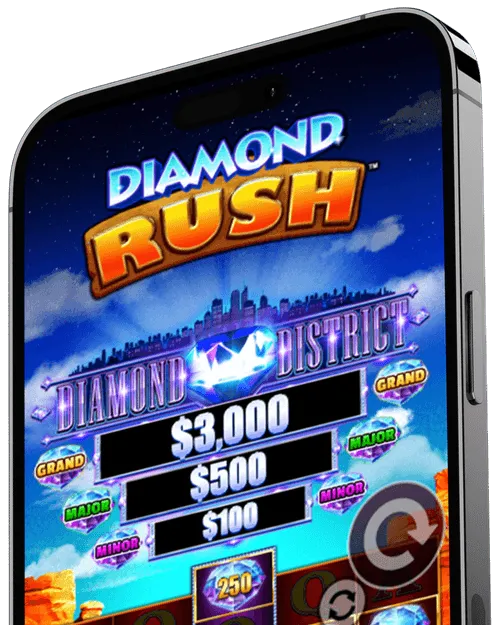 Diamond Rush slot machine game screen with cityscape and jackpot amounts