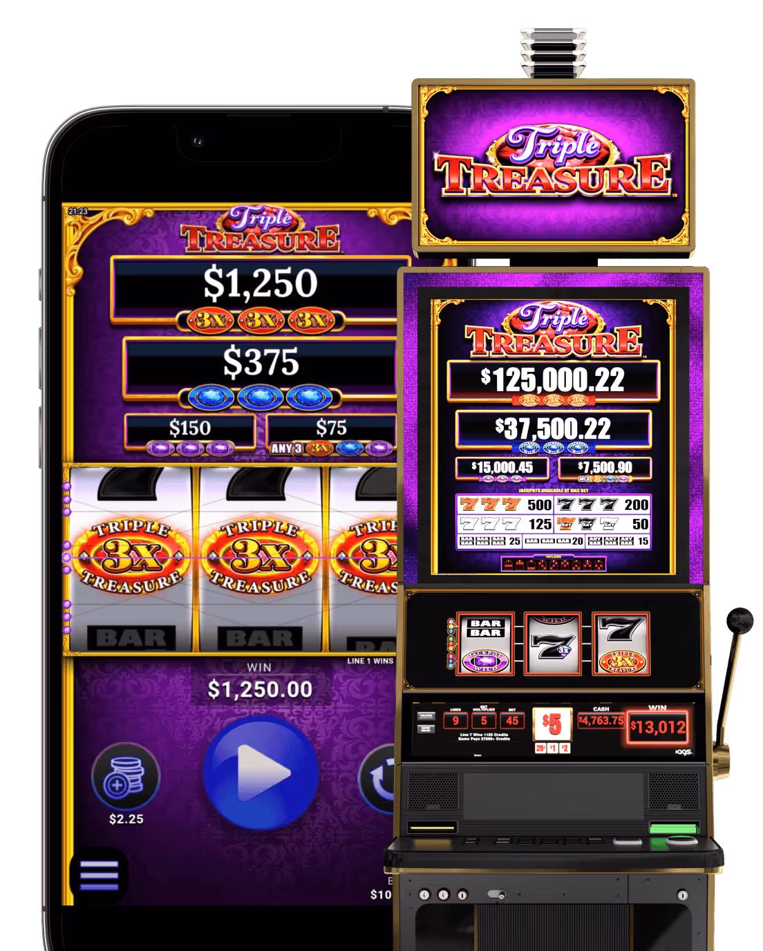 Triple Treasure slot machine with multiple screens showing jackpot winnings