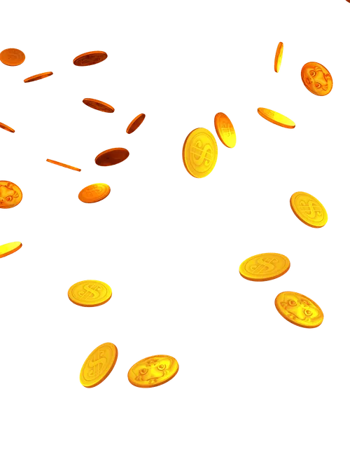 Golden dollar coins falling and scattered across white background