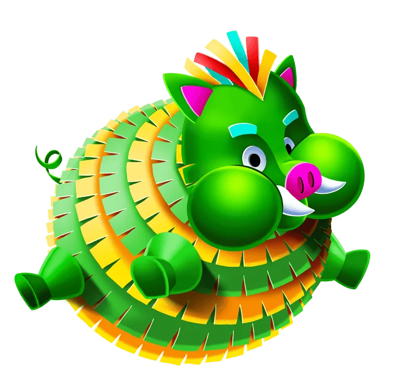 Colorful cartoon green pig pinata with spiky yellow and green layers