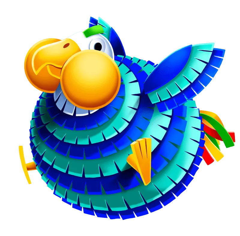 Colorful cartoon parrot with big yellow beak and blue-green feathered body
