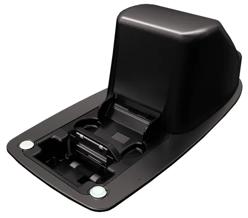 Black electronic device with open lid, mechanical components visible