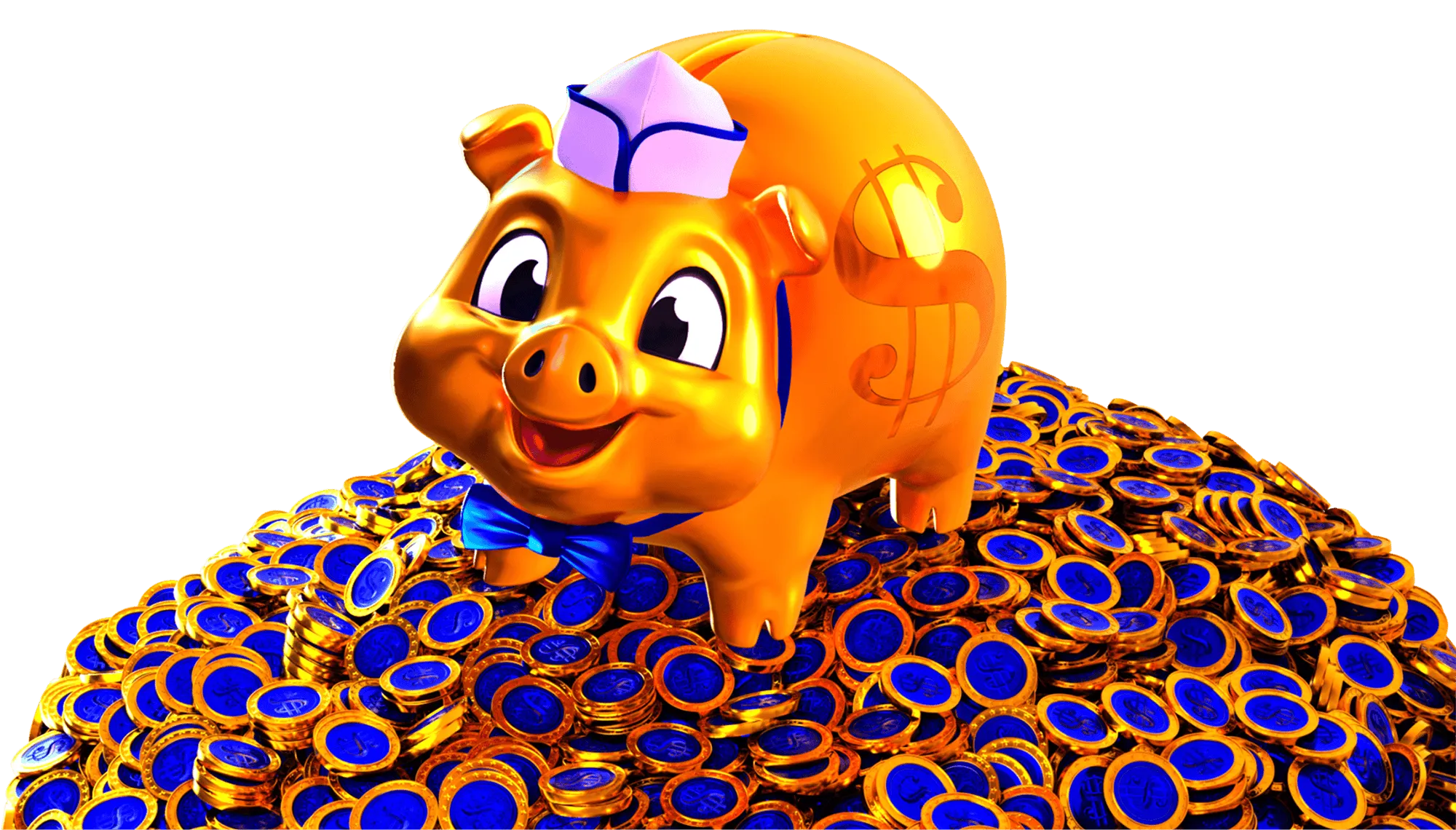 Golden piggy bank sitting on pile of blue and gold coins