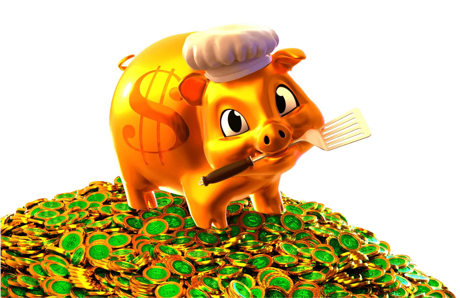 Golden piggy bank chef with spatula sitting on pile of green coins