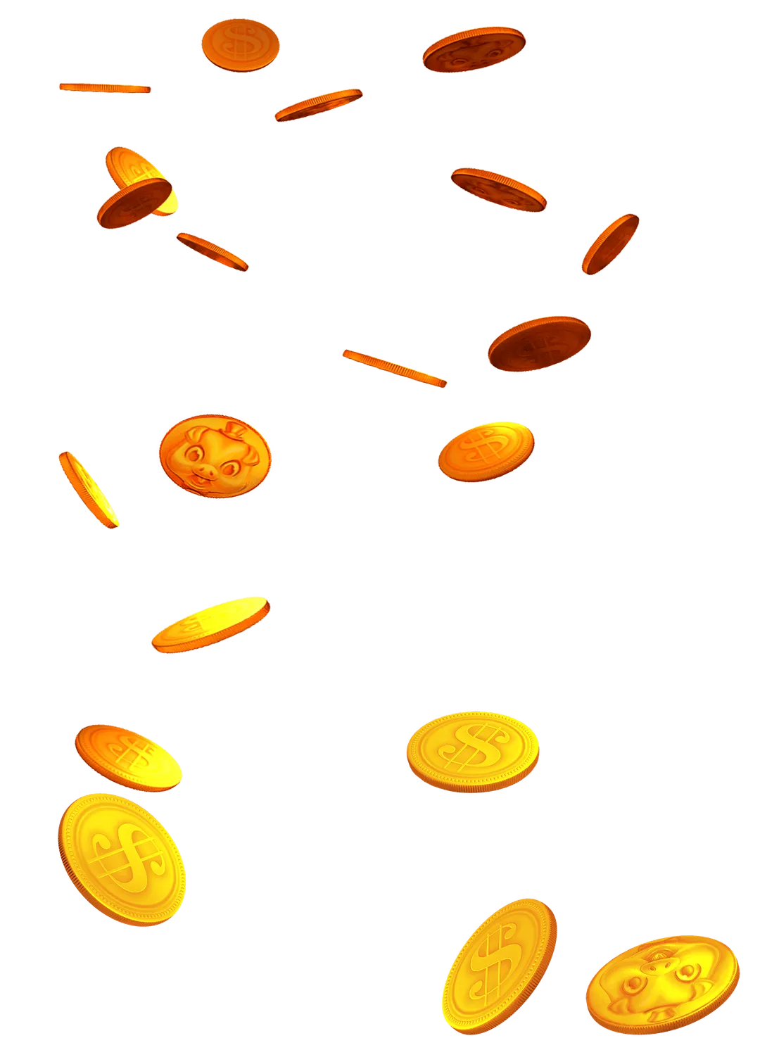 Golden coins falling and spinning in various orientations