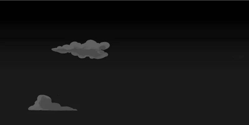Two gray clouds floating in a dark black sky