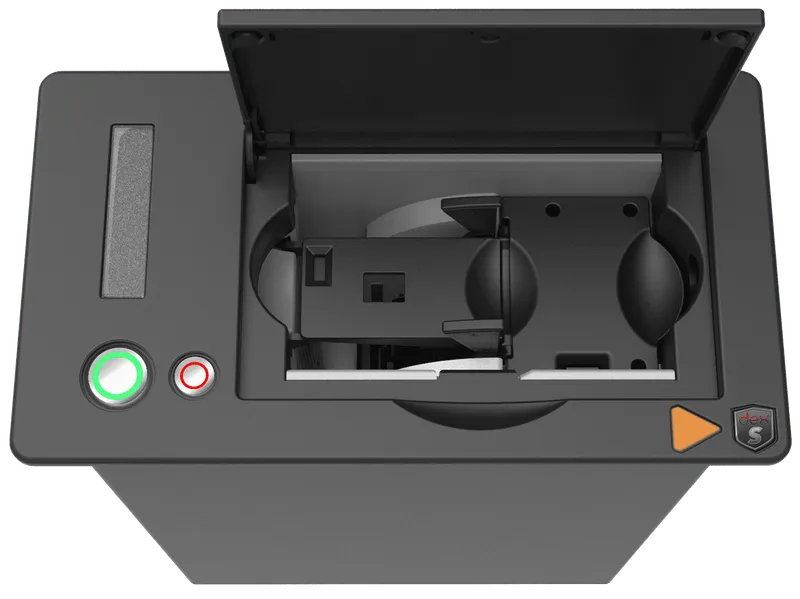 High-tech device with green and red power buttons and open lid