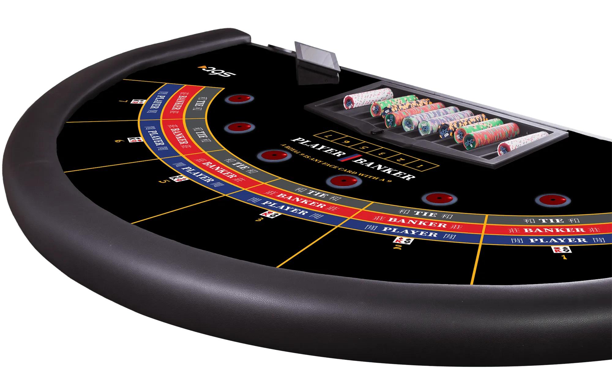 Baccarat casino table with betting areas and colorful poker chips