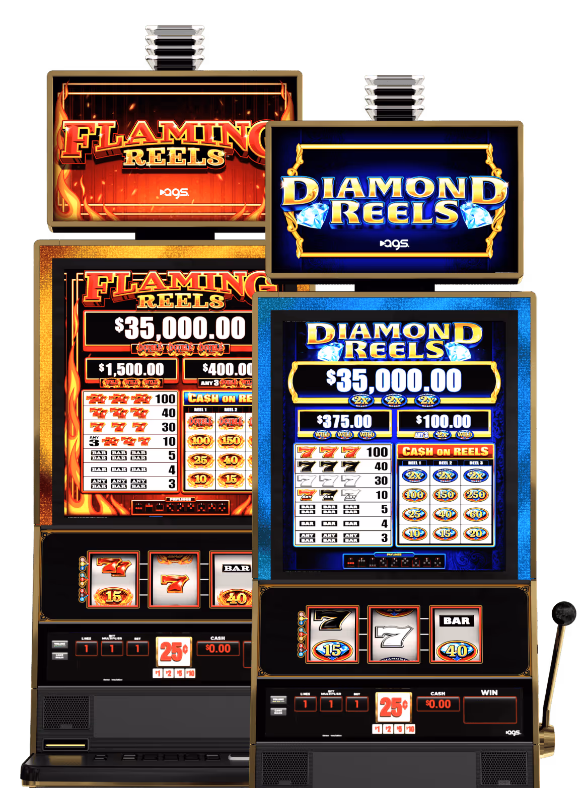 AGS Flaming Reels and Diamond Reels slot machines with fiery and blue displays
