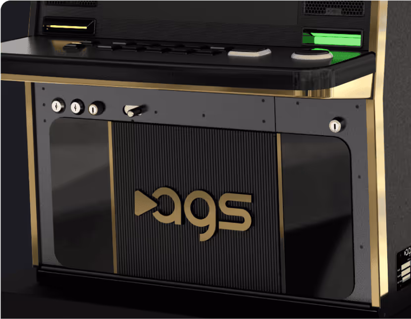 AGS black and gold industrial control panel with buttons and logo