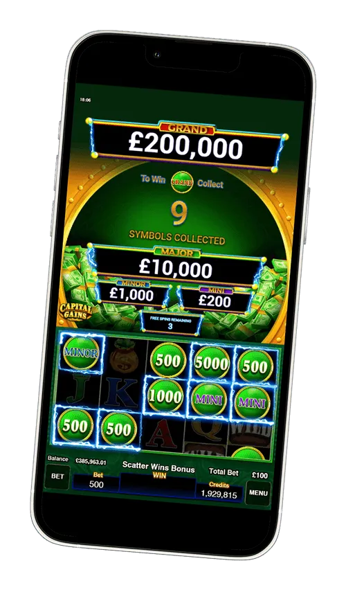 AGS slot machine screen showing potential £200,000 grand prize win