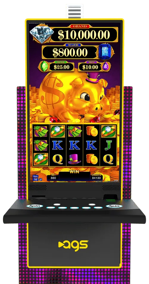 AGS golden piggy bank slot machine with multiple jackpot levels and coins