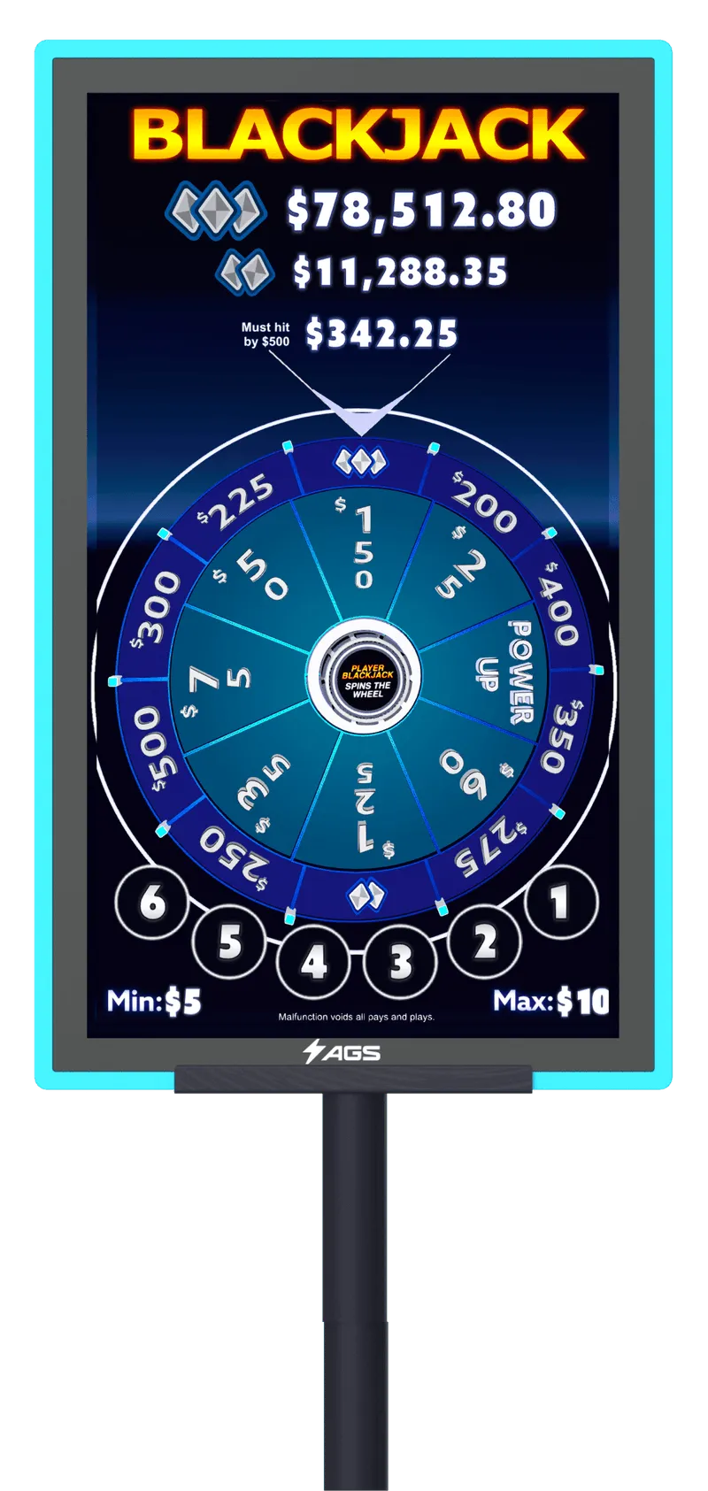 AGS Blackjack wheel showing potential winnings and betting ranges