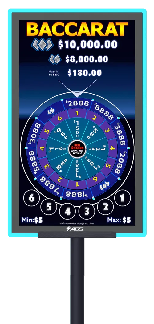 AGS Baccarat game wheel with colorful betting zones and progressive jackpot