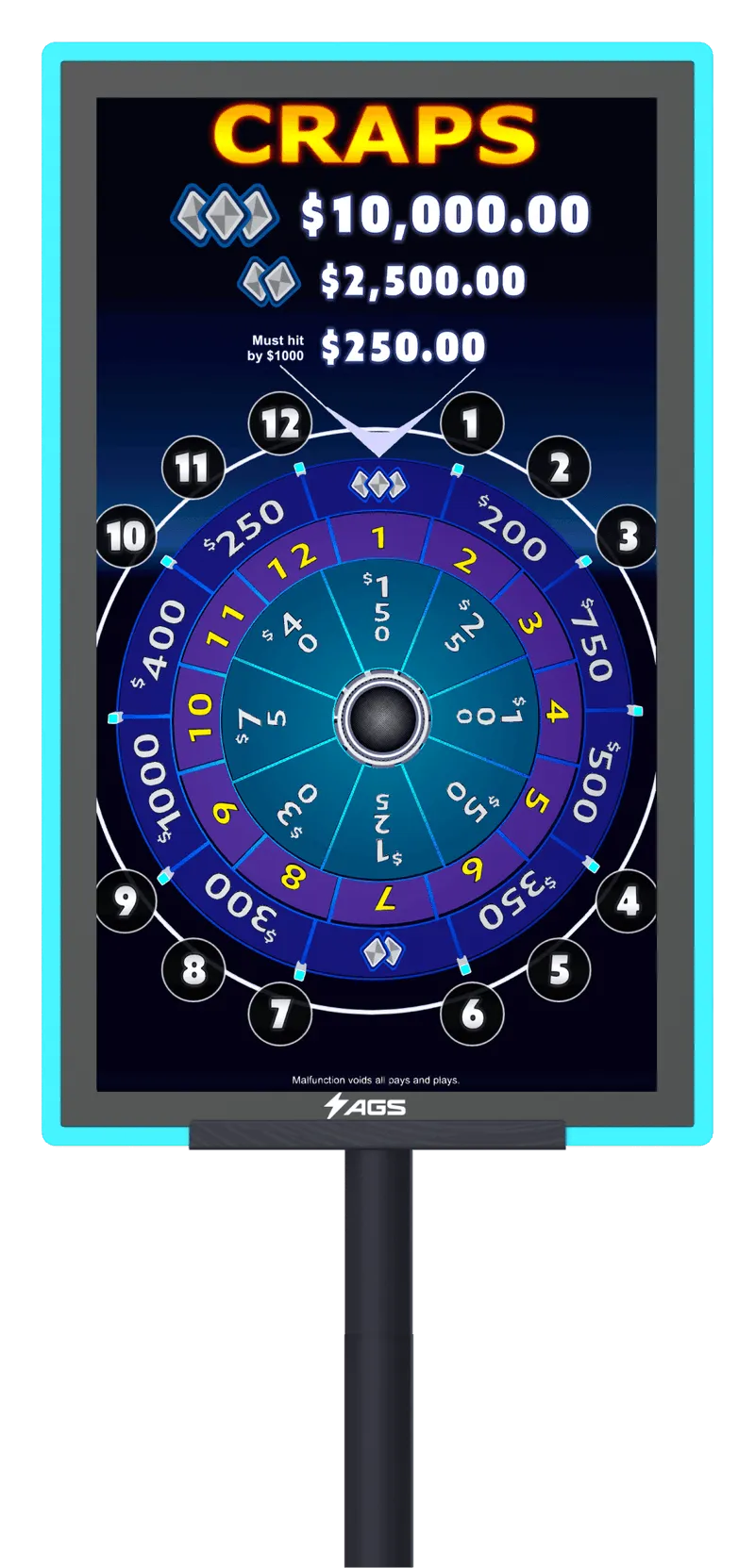 AGS Craps game board with colorful betting wheel and cash prizes