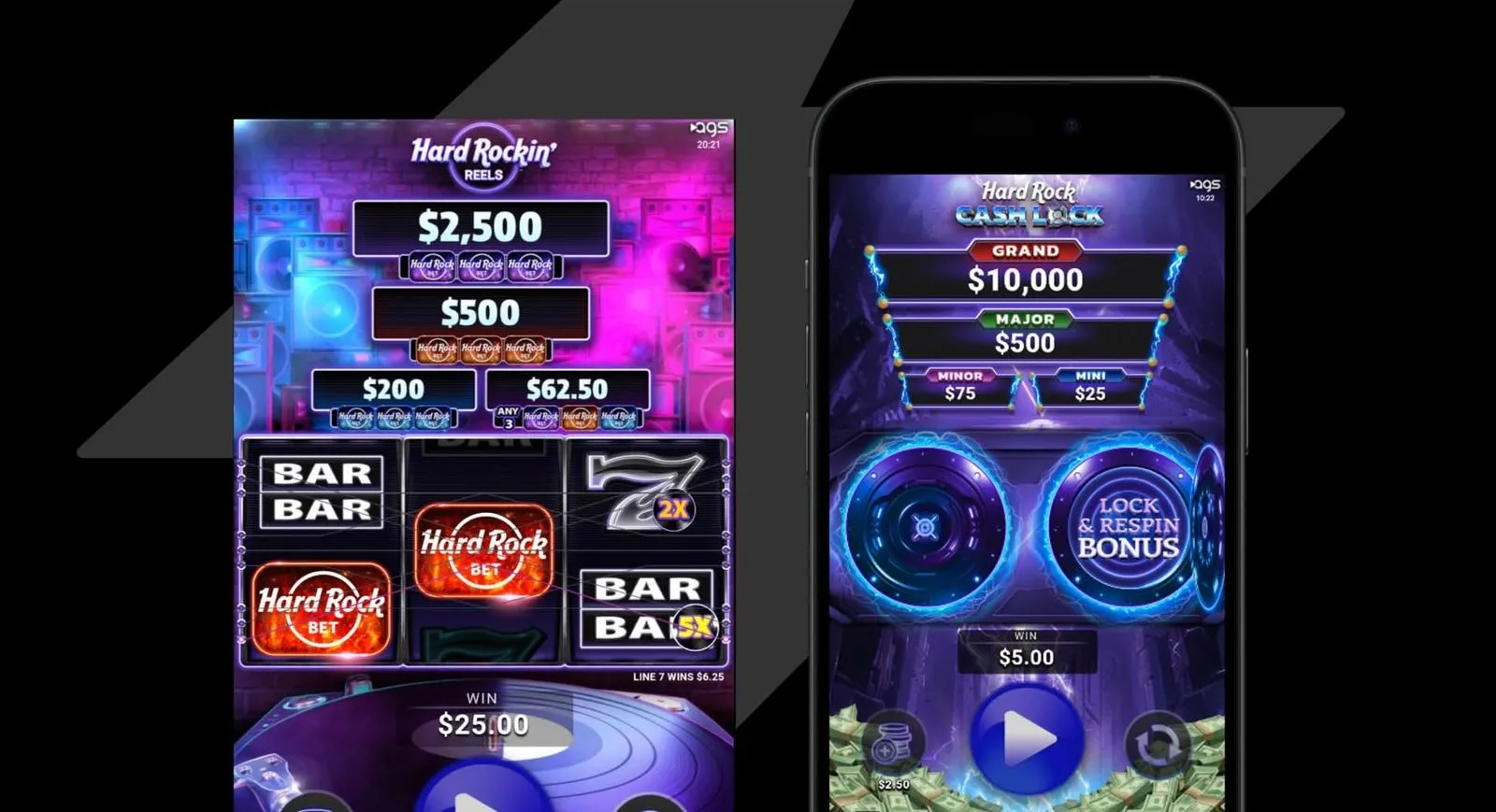 Hard Rock AGS slot machines with colorful reels and jackpot displays