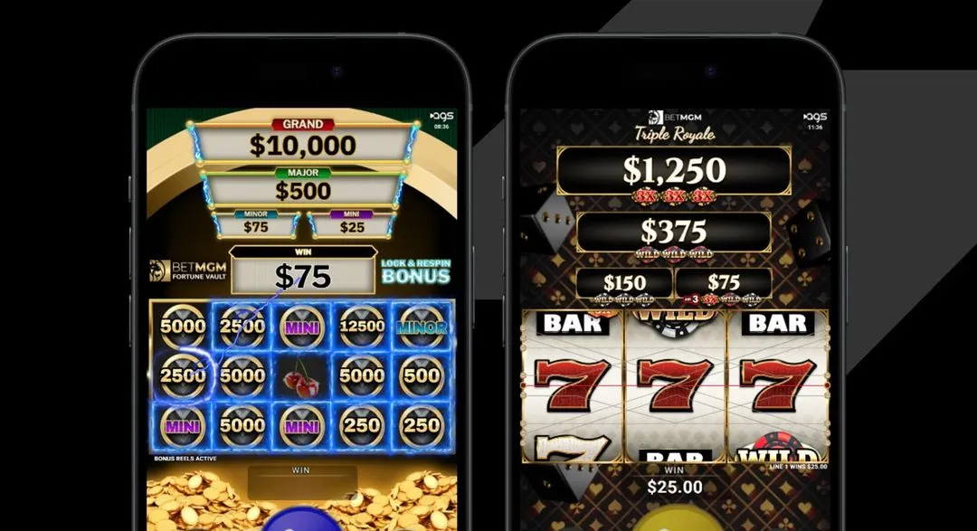 AGS slot machine screens showing gambling winnings and bonus features
