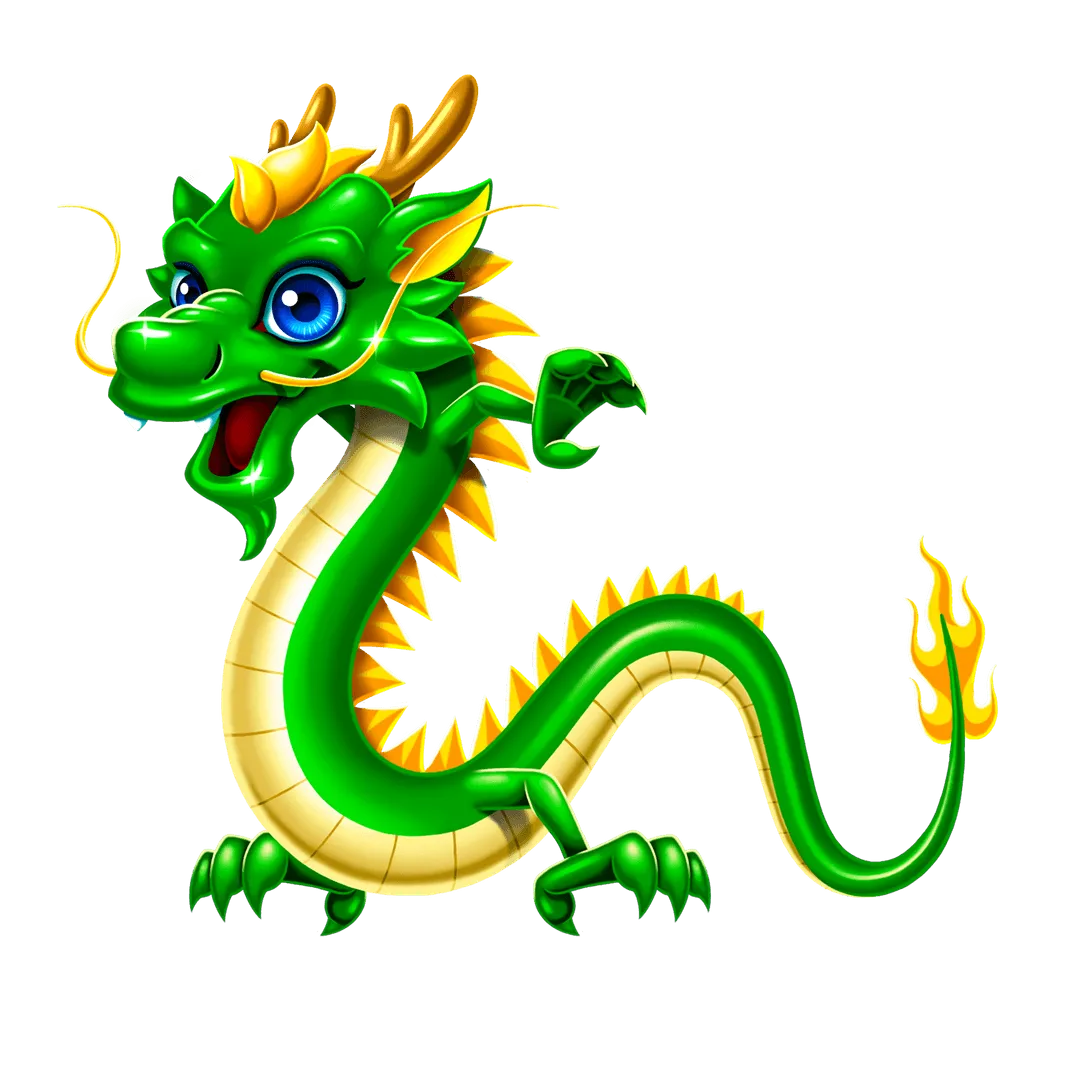Green AGS dragon with blue eyes, yellow spikes, and fiery tail