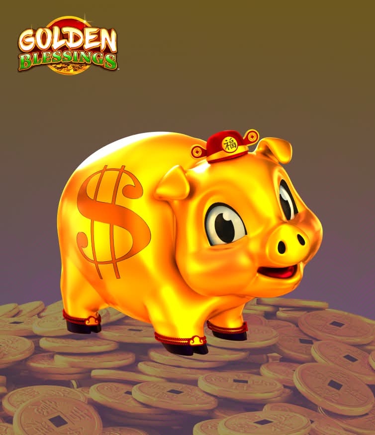 Golden piggy bank on AGS coins symbolizing wealth and prosperity