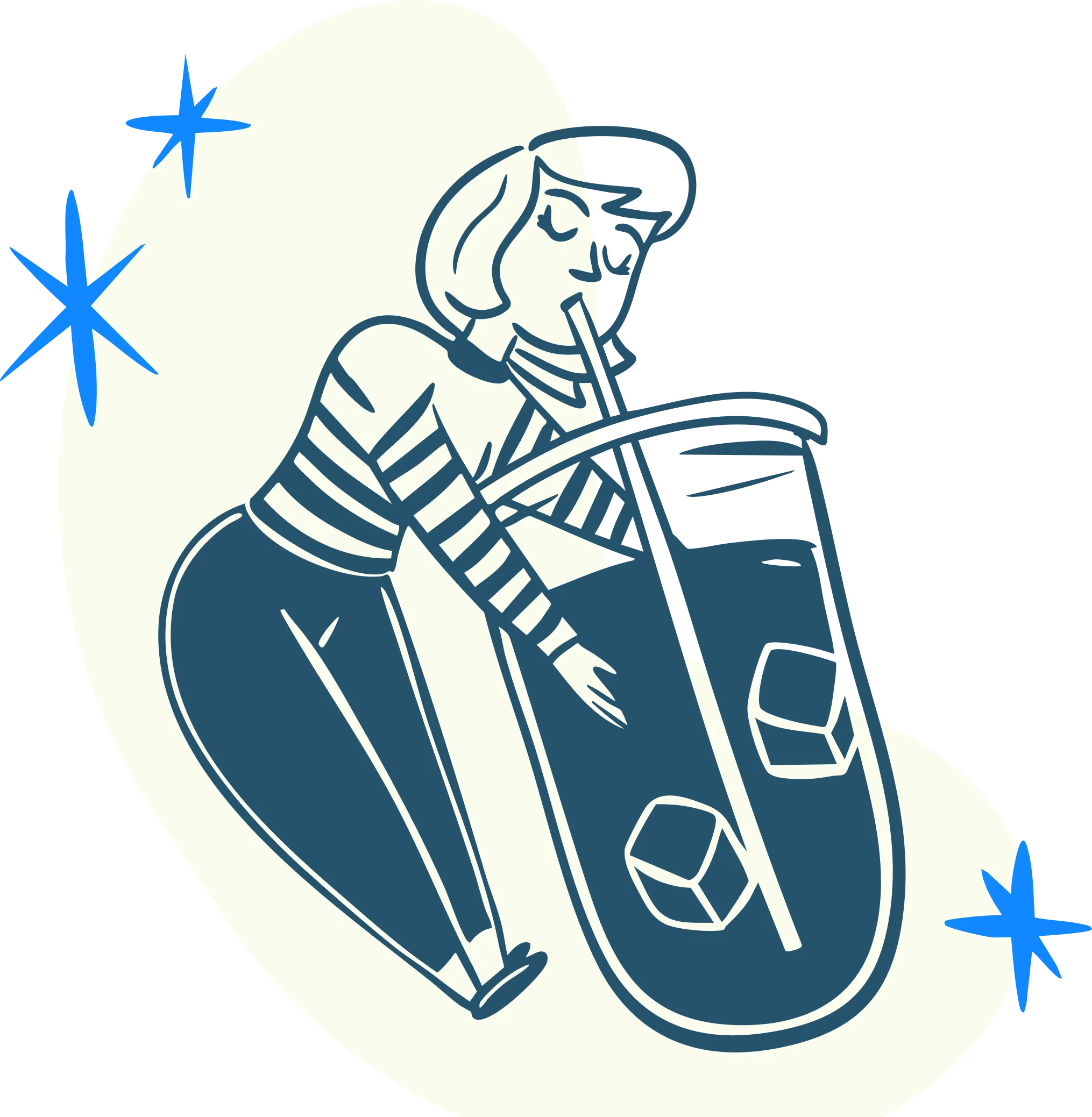 Illustration of a woman in striped shirt and pants reclining beside an oversized glass with ice cubes, sipping through a straw, with blue star shapes surrounding her.