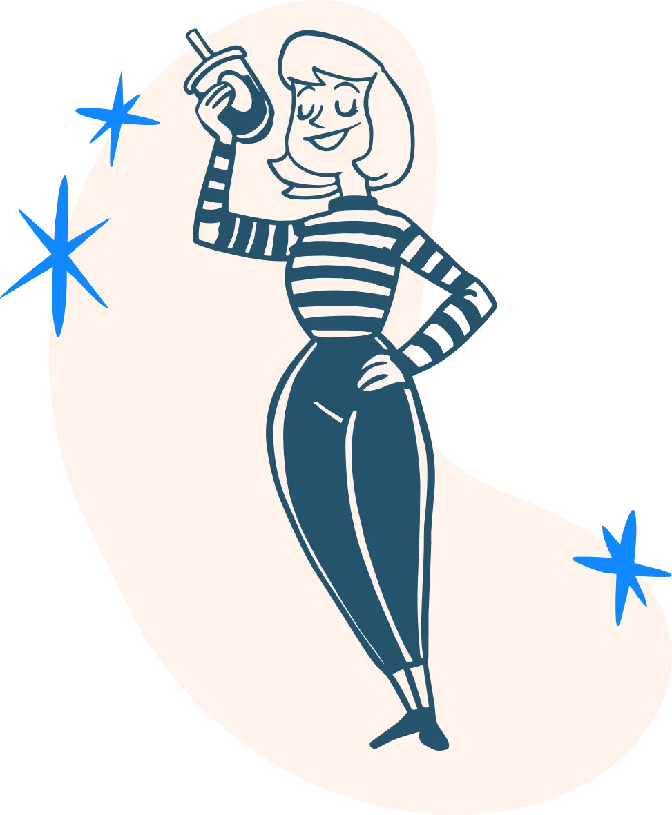 Illustration of a smiling woman with short hair wearing a striped long-sleeve shirt and pants, holding a cocktail shaker up in one hand with sparkles around her.