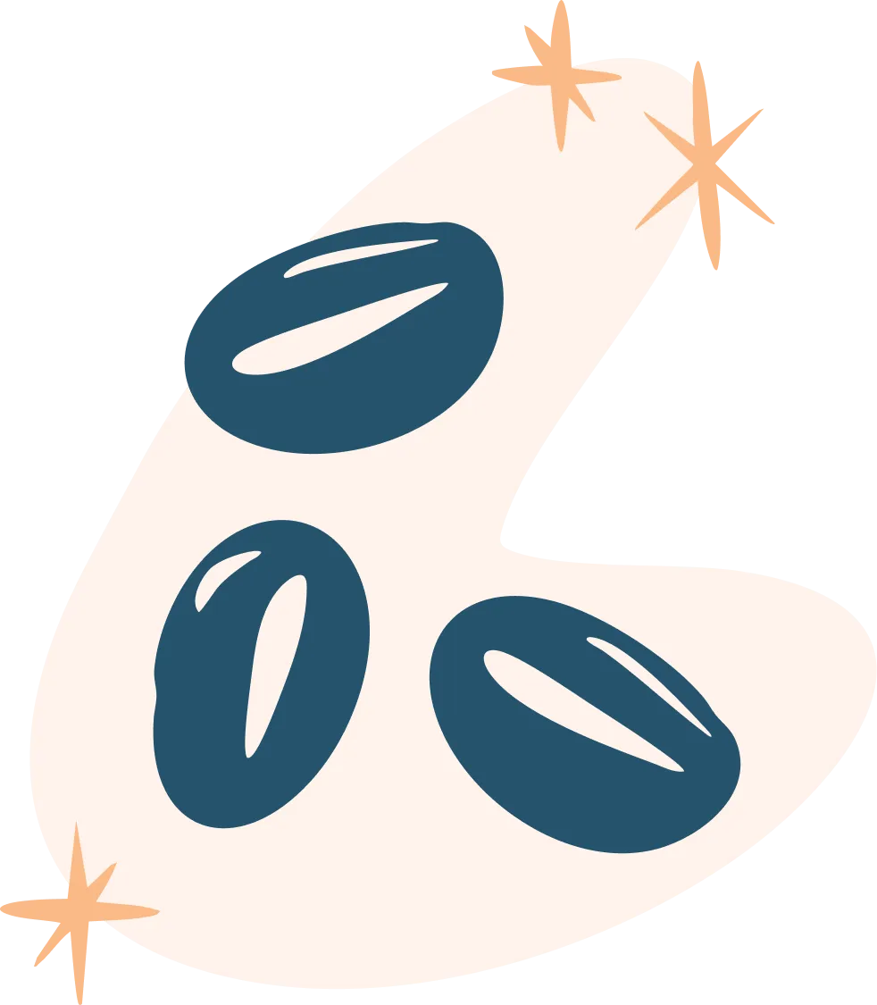 Stylized illustration of three dark blue coffee beans on a light beige abstract shape with small orange star sparkles nearby.