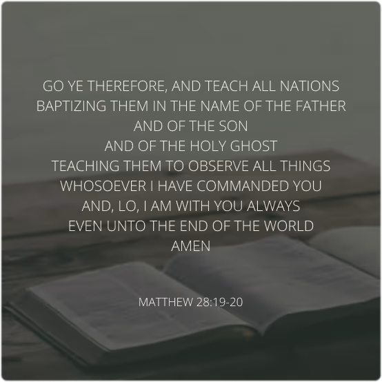 Bible verse Matthew 28:19-20 over a softly blurred open Bible background, emphasizing teaching and baptizing all nations.