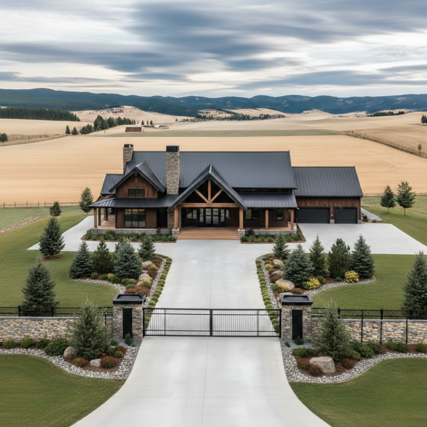 Large modern farmhouse with dark metal roof, stone chimneys, landscaped yard, and gated driveway in open rural area.
