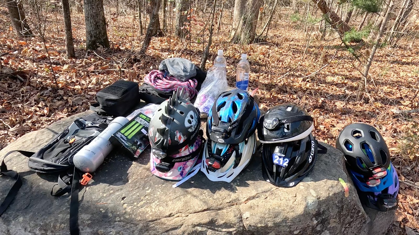A stack of caving gear