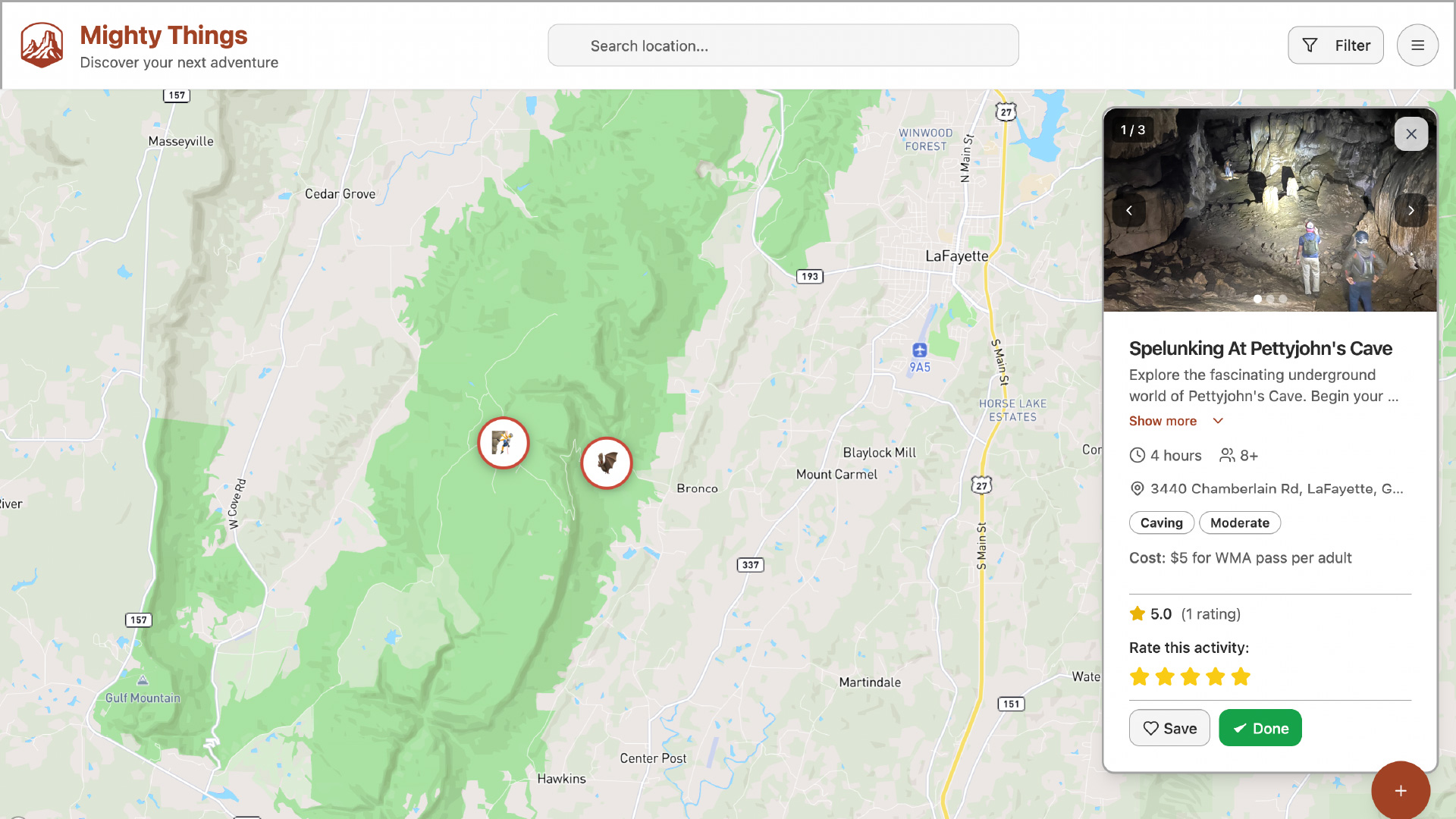 Activity map with pin location of cave