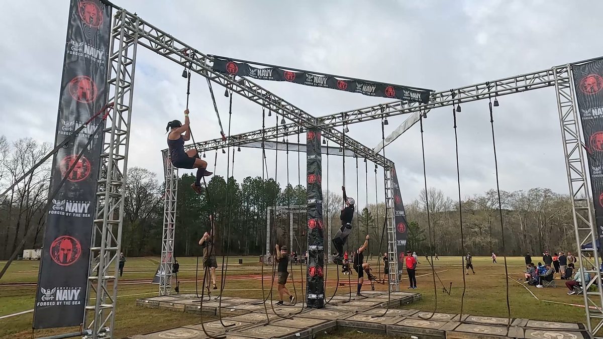 Adults climbing ropes