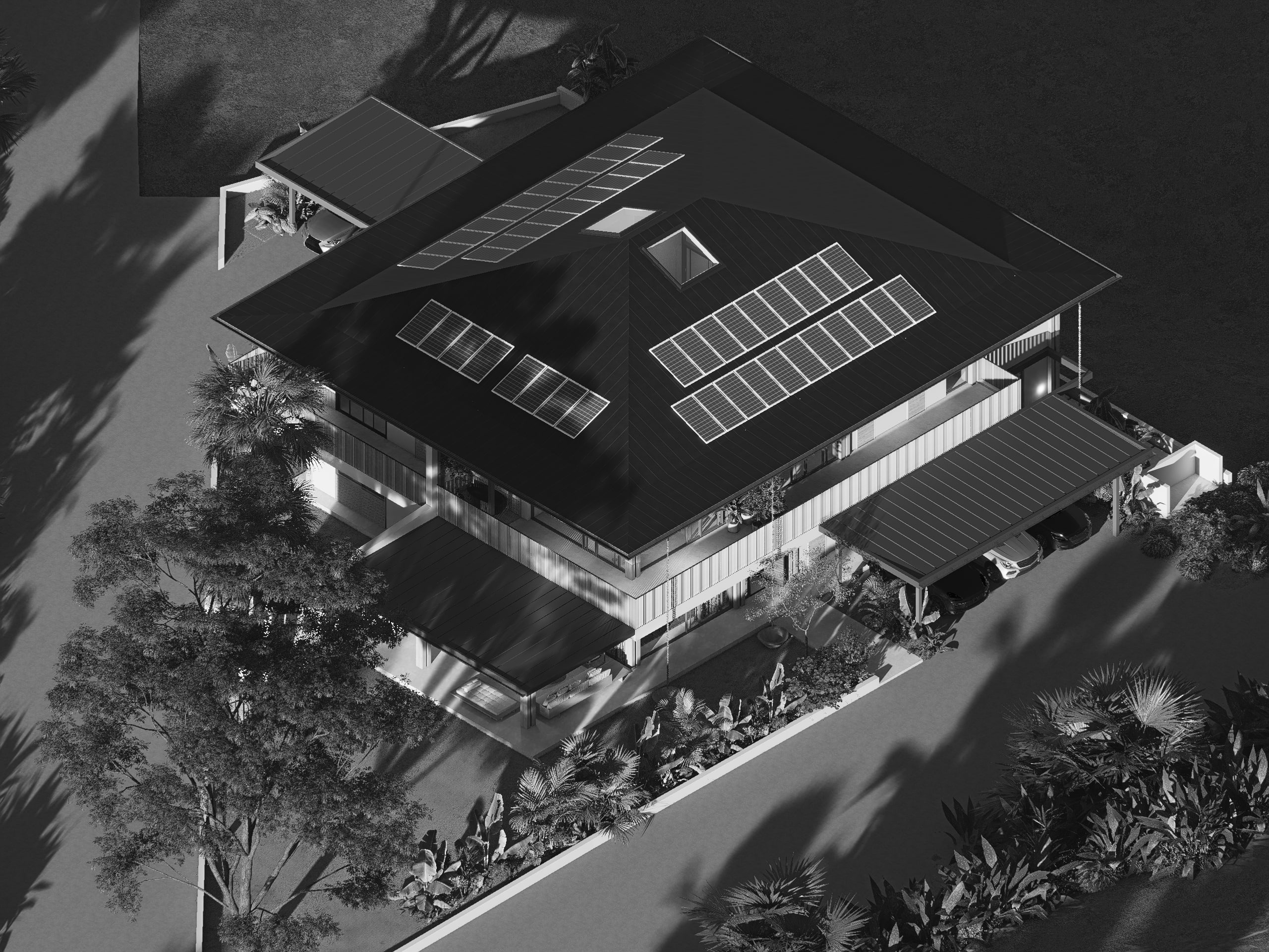 A two-story modern house with a hip roof fitted with solar panels, surrounded by trees and plants, viewed from above.