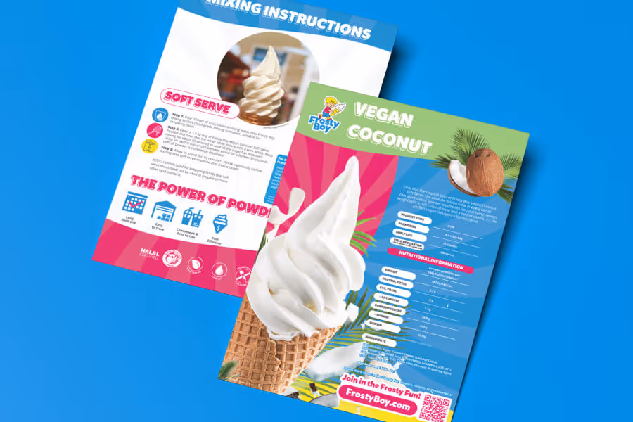 Two colorful product information sheets featuring vegan coconut soft serve ice cream with a close-up of a swirled soft serve cone and coconut imagery.