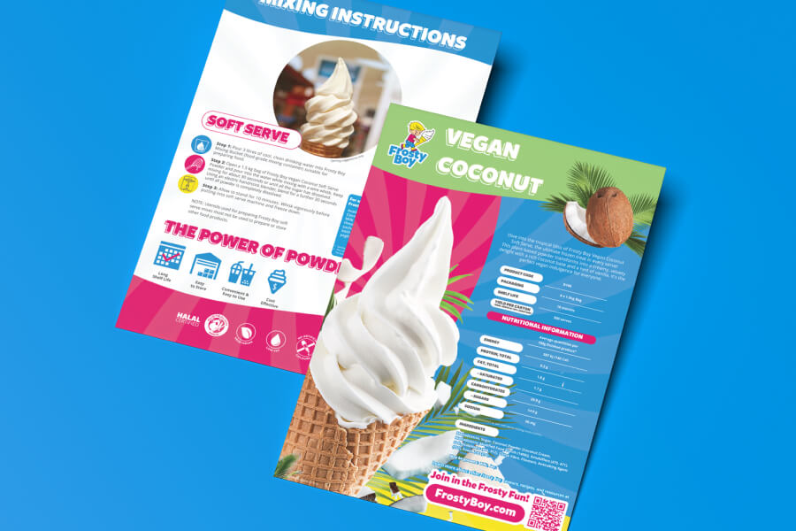 Two colorful product information sheets featuring vegan coconut soft serve ice cream with a close-up of a swirled soft serve cone and coconut imagery.
