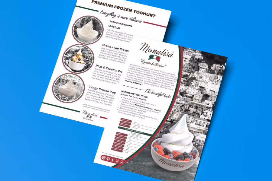 Two angled flyers on blue background featuring Monalisa premium frozen yoghurt with images of soft serve yoghurt in bowls and instructions for recipe variations.
