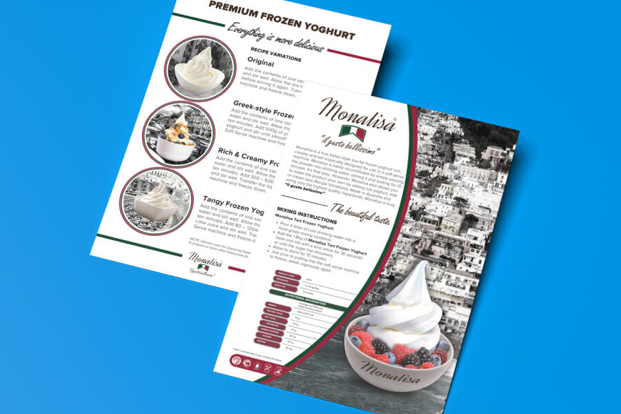 Two angled flyers on blue background featuring Monalisa premium frozen yoghurt with images of soft serve yoghurt in bowls and instructions for recipe variations.