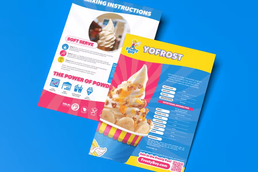 Two colorful flyers on a blue background showcasing YoFrost soft serve ice cream with mixing instructions and product details.