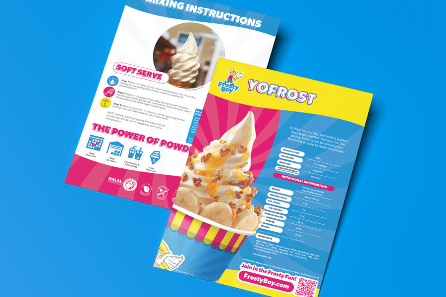 Two colorful flyers on a blue background showcasing YoFrost soft serve ice cream with mixing instructions and product details.