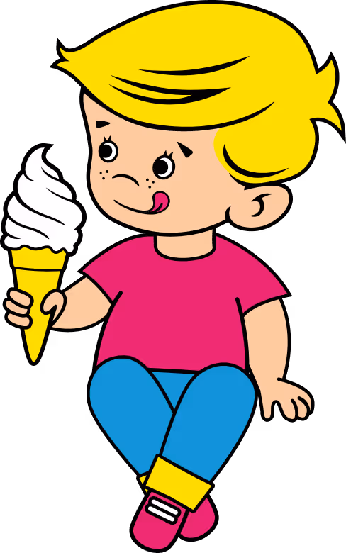 Illustration of a blonde boy in a pink shirt and blue pants sitting, holding a vanilla ice cream cone and licking his lips.