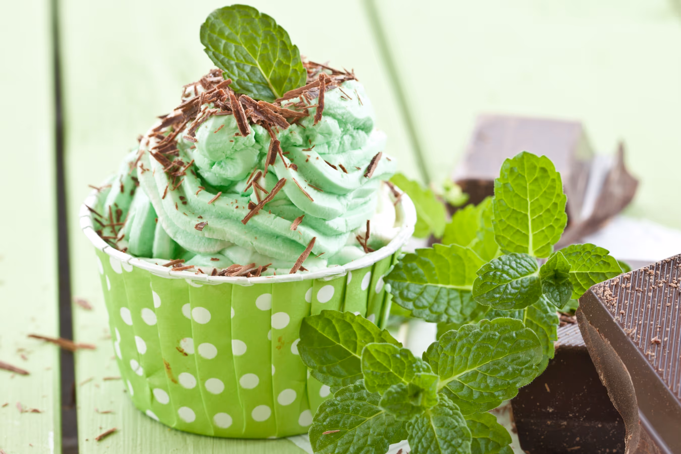 Mint green frosting cupcake in a green polka dot wrapper topped with chocolate shavings and a fresh mint leaf, with chocolate pieces and mint sprigs beside it.