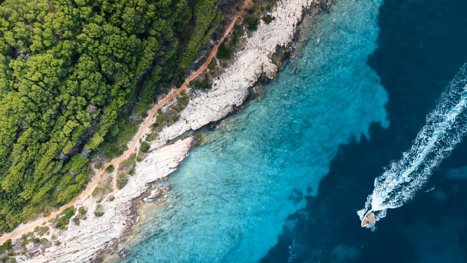 Aerial view of a speedboat creating a white wake near a rocky shoreline next to dense green forest and clear blue water.