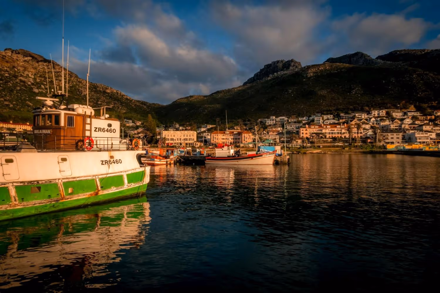 Fishing boats docked in a harbor with a coastal town and rocky hills in the background under a cloudy sky.