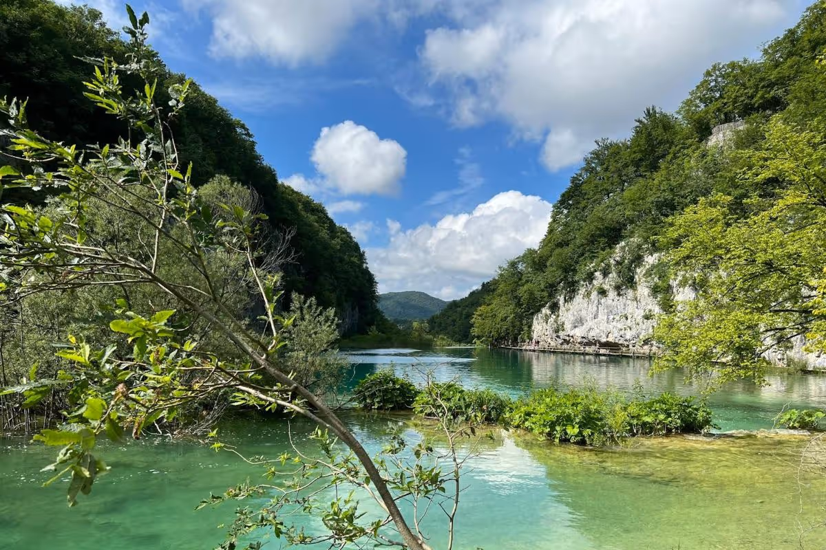 Clear green river surrounded by lush trees and rocky cliffs under a blue sky with fluffy white clouds.