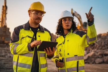 Construction worker using AI on a tablet