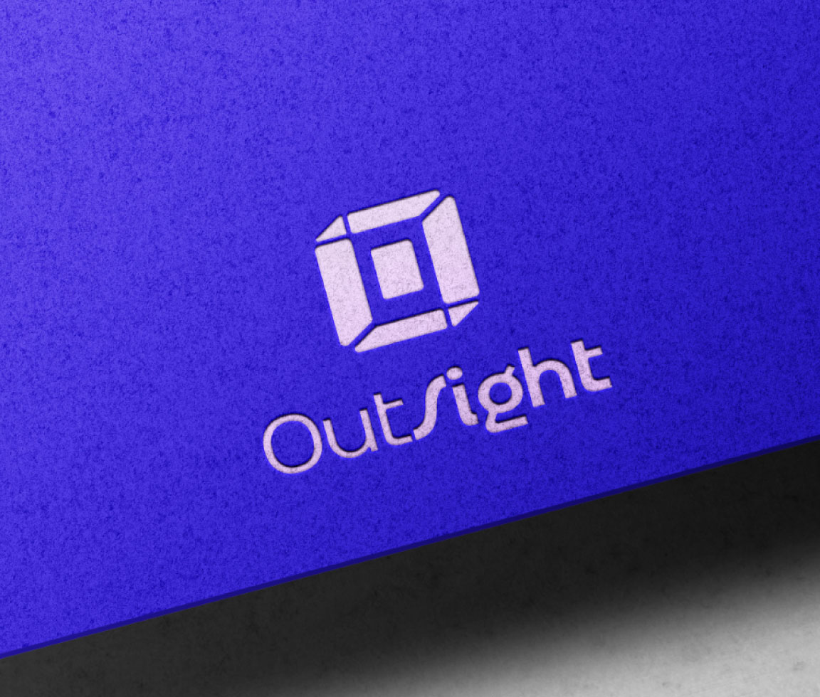 OutSight deconstructed box logomark embossed on blue textured cardstock with wordmark below
