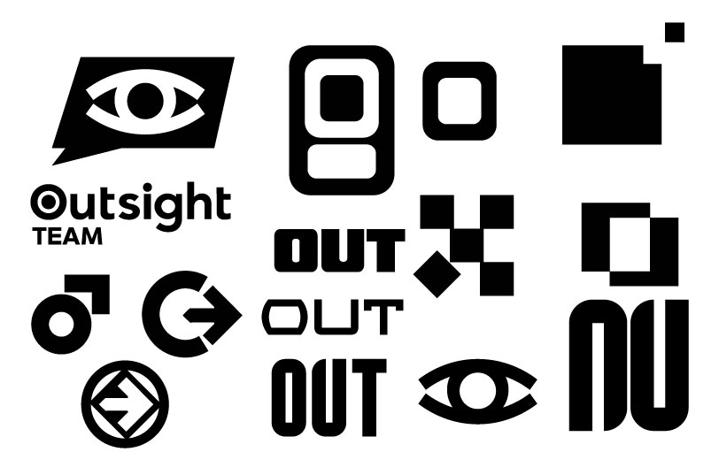 OutSight logo design exploration — black and white sketches showing early iterations of the box icon and wordmark concepts
