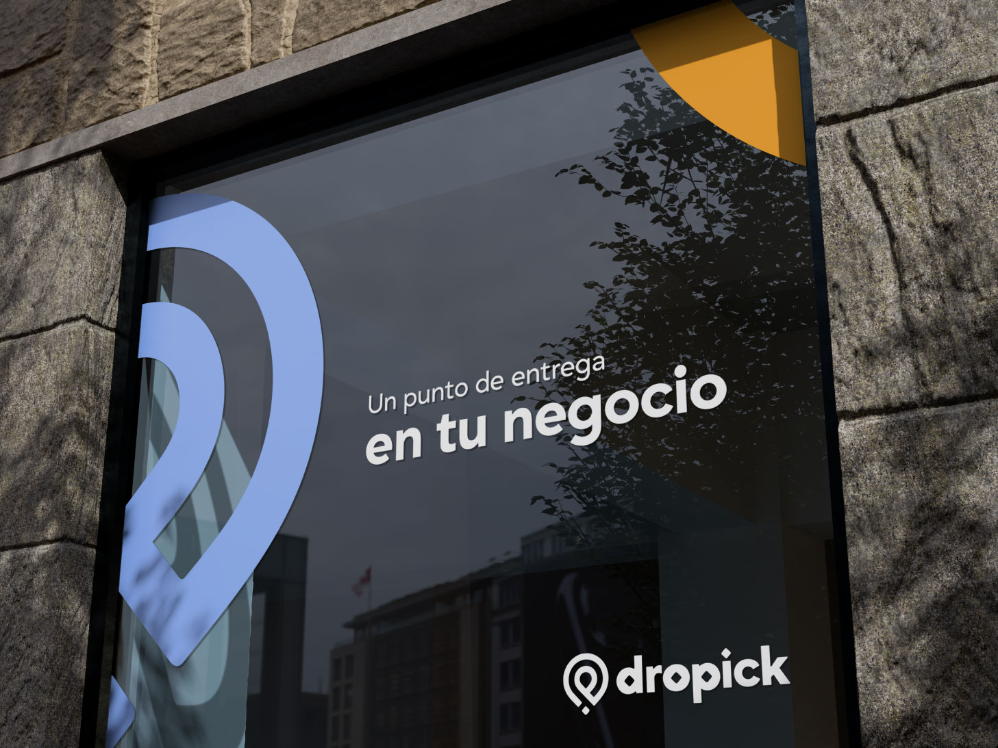 Dropick brand applied to a storefront window — "Un punto de entrega en tu negocio" with blue D lettermark and dropick logo