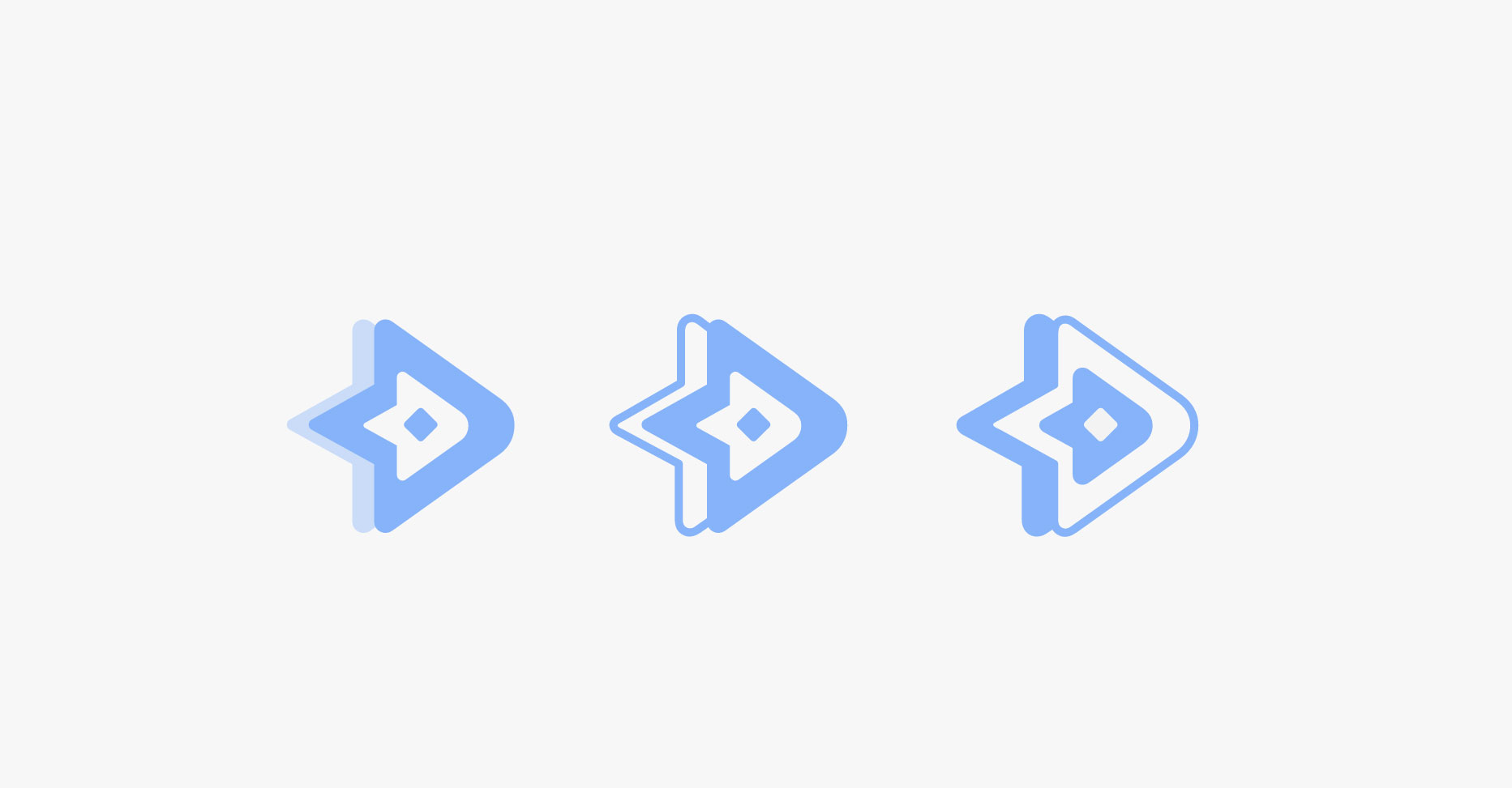 Dropick logo icon exploration — three isometric arrow-pin symbol iterations in blue