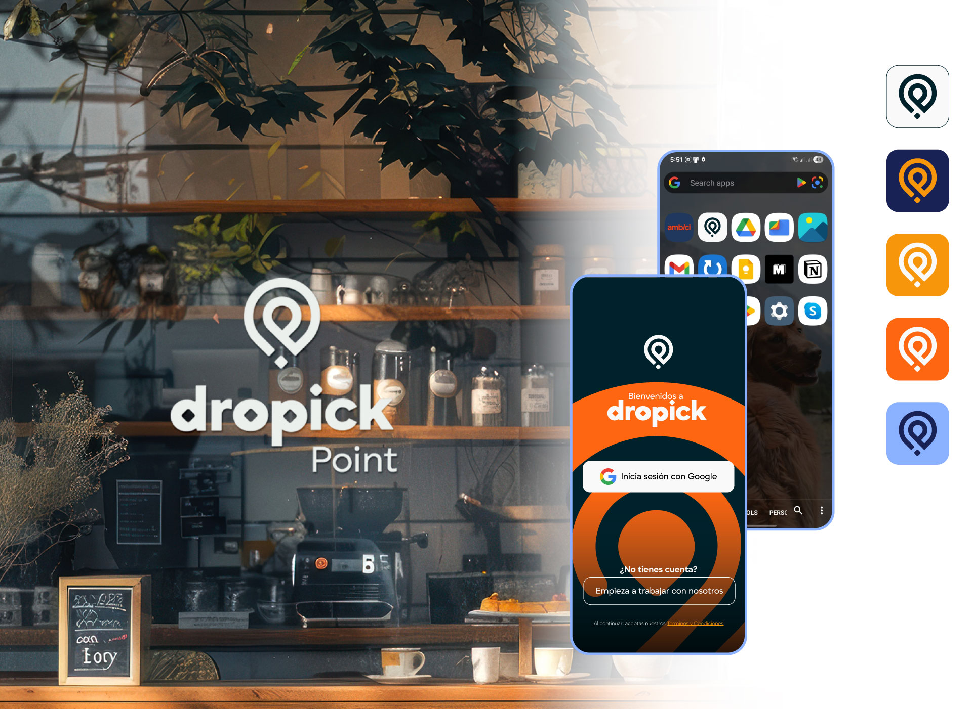 Dropick full logo system — final mark applied across app screens, café environment mockup, and five icon color variations
